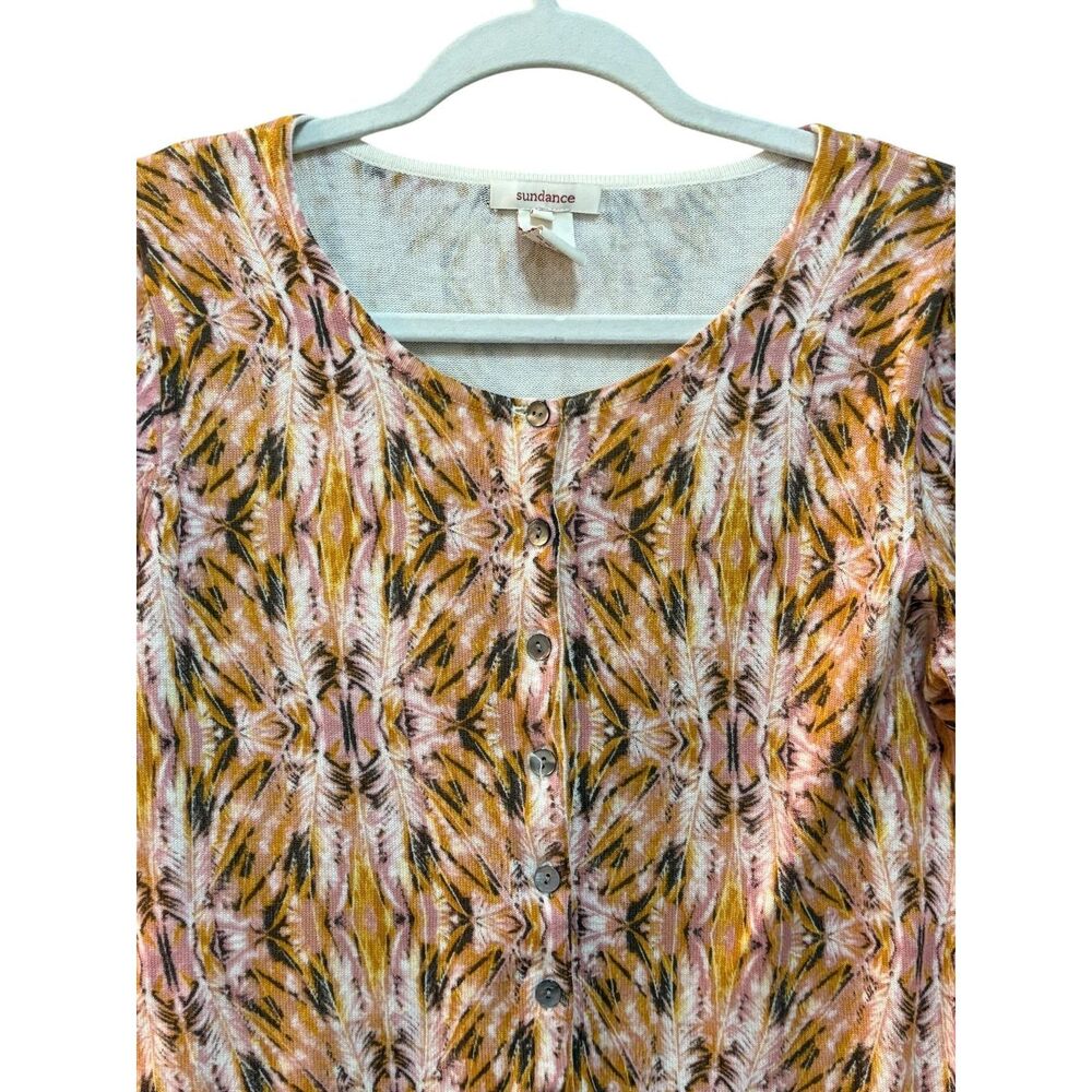 Sundance Sweater Womens Medium Pink Yellow Feather Print Button Front Cotton - Picture 4 of 6